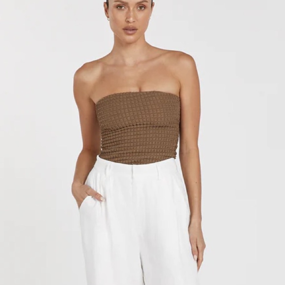 DISSH Brown Strapless Smocked Crop Top